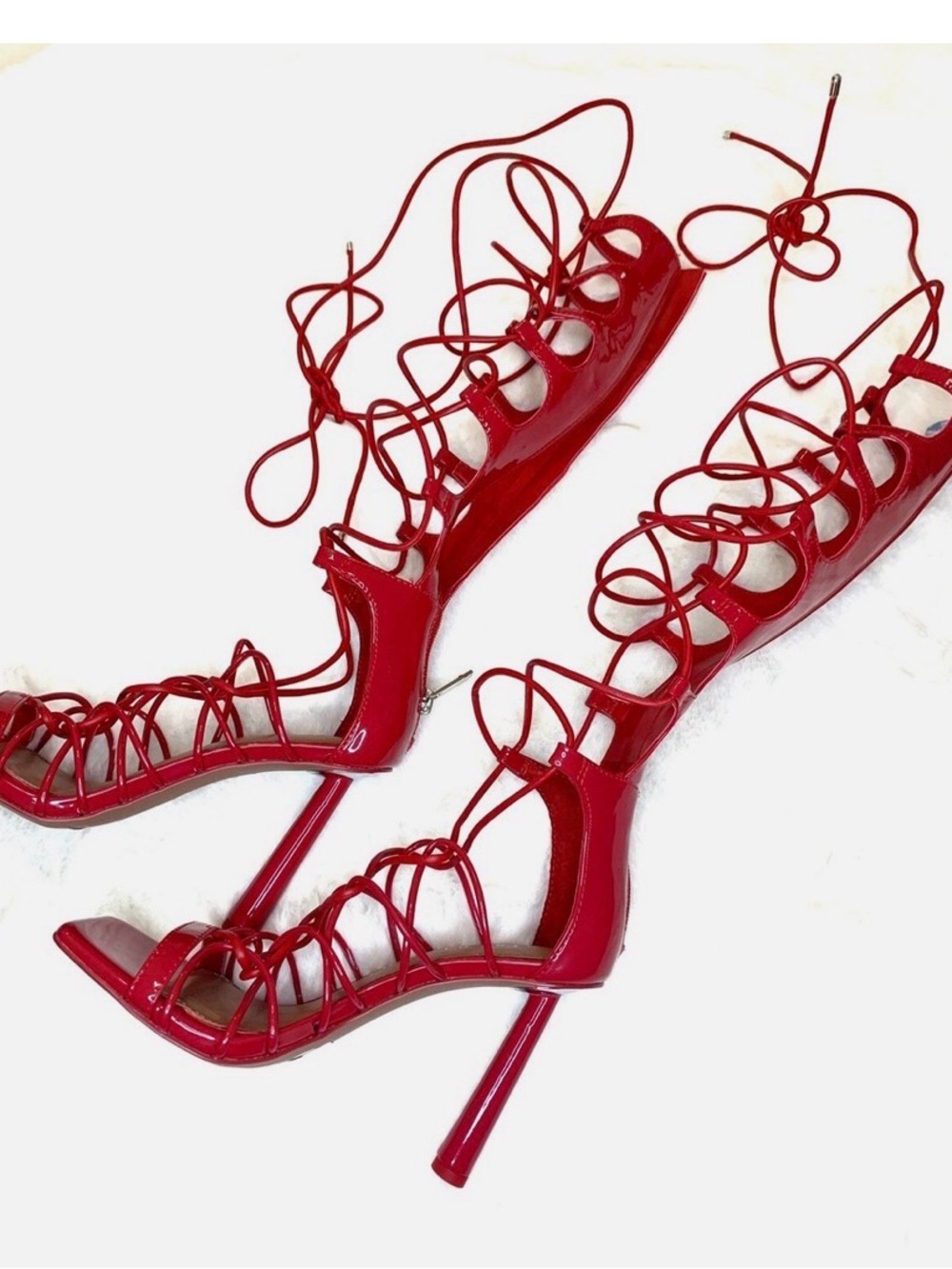 Gianni Bini Red Lace-Up Patent Stilettos